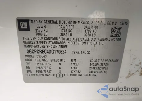 2016 Chevrolet Silverado 1500 1Lt z USA, uszkodzony, nr VIN 3GCPCREC4GG170624